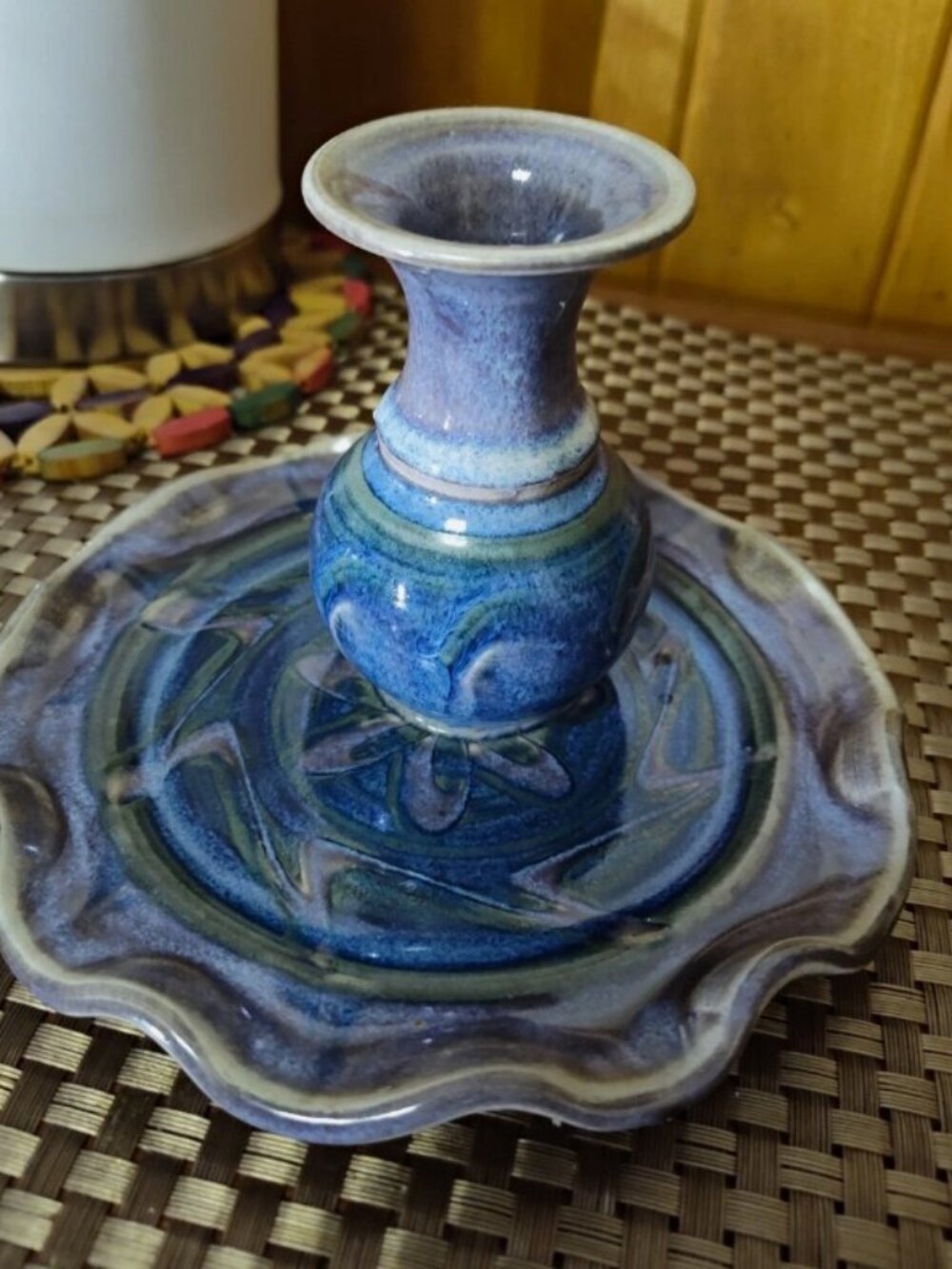 Handicrafted Blue and Purple Ceramic Pottery Reed Diffuser Signed 5" H6"